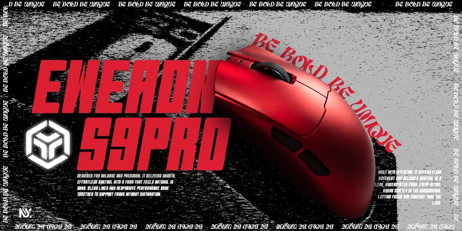 Poster for the Emeron S9 Pro gaming mouse, red and black on a grid surface