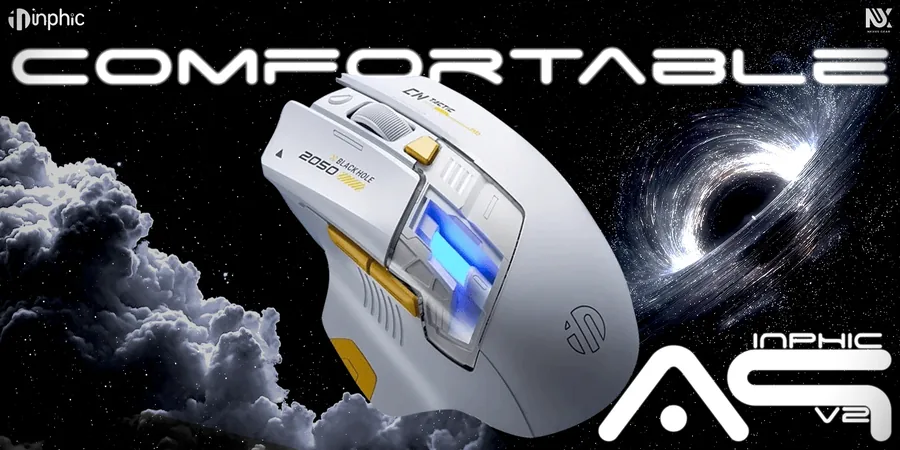 Inphic A9 mouse poster floating against a deep space background