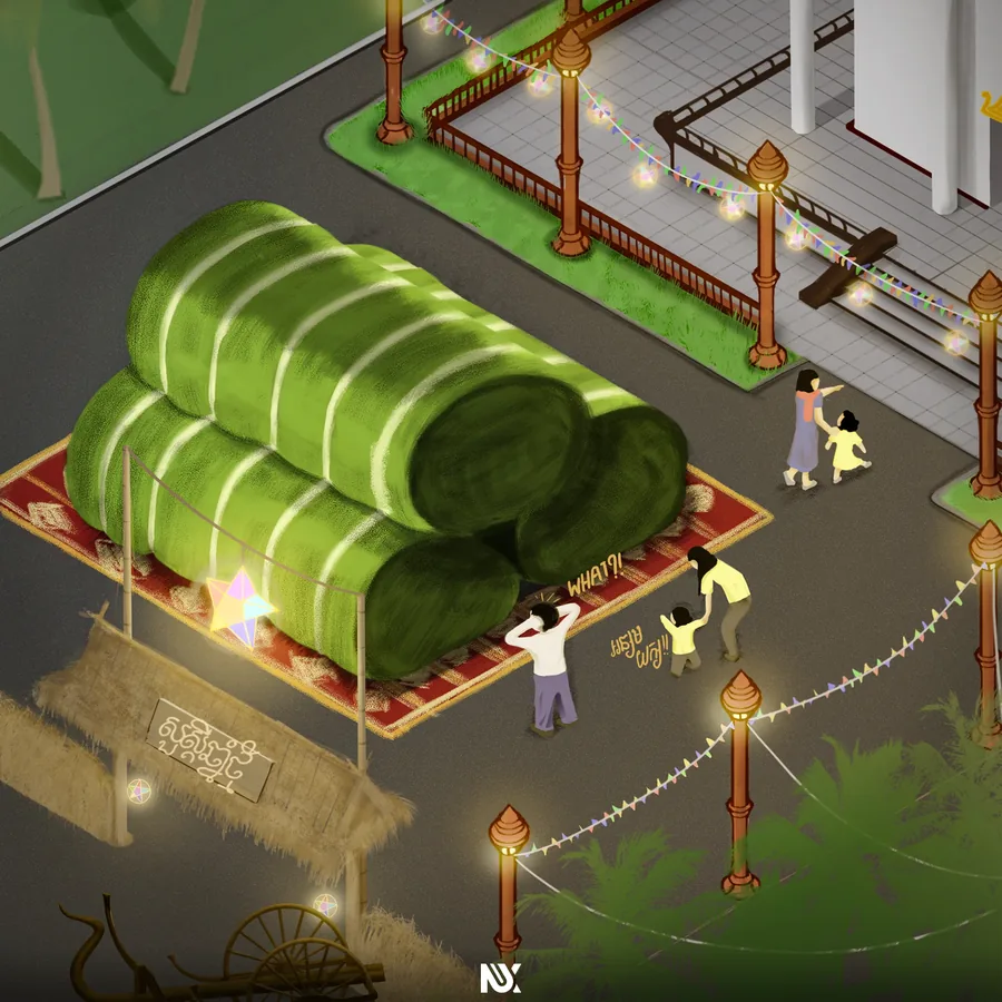 Isometric illustration of figures carrying rolled mats through a temple garden