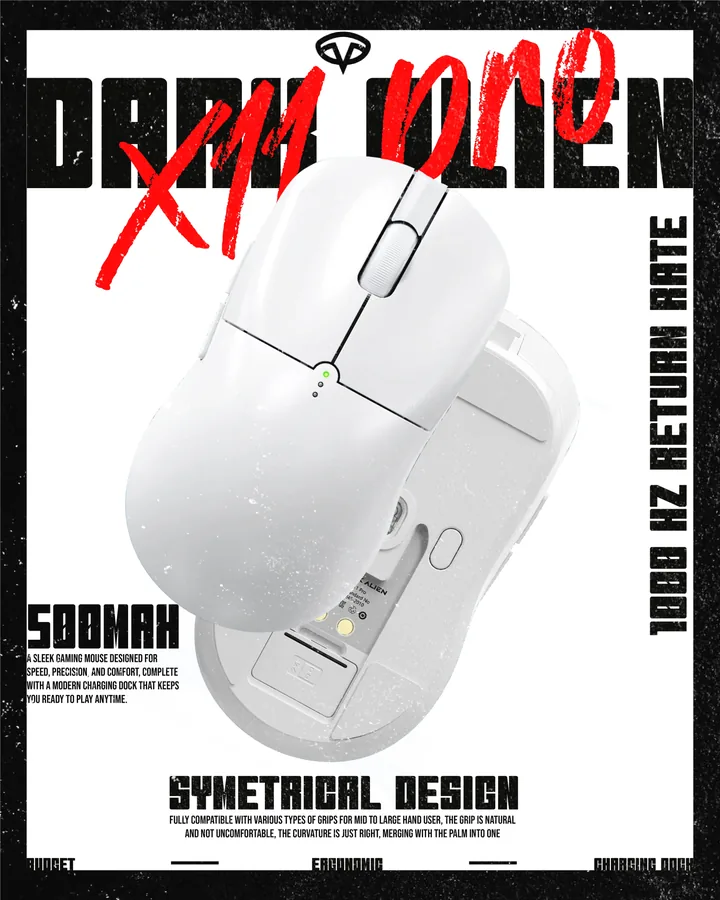Black and white Dark Alien gaming mouse poster with red spray paint accents