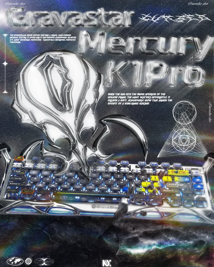 GravaStar Mercury K1 Pro poster merged with liquid chrome sculptures