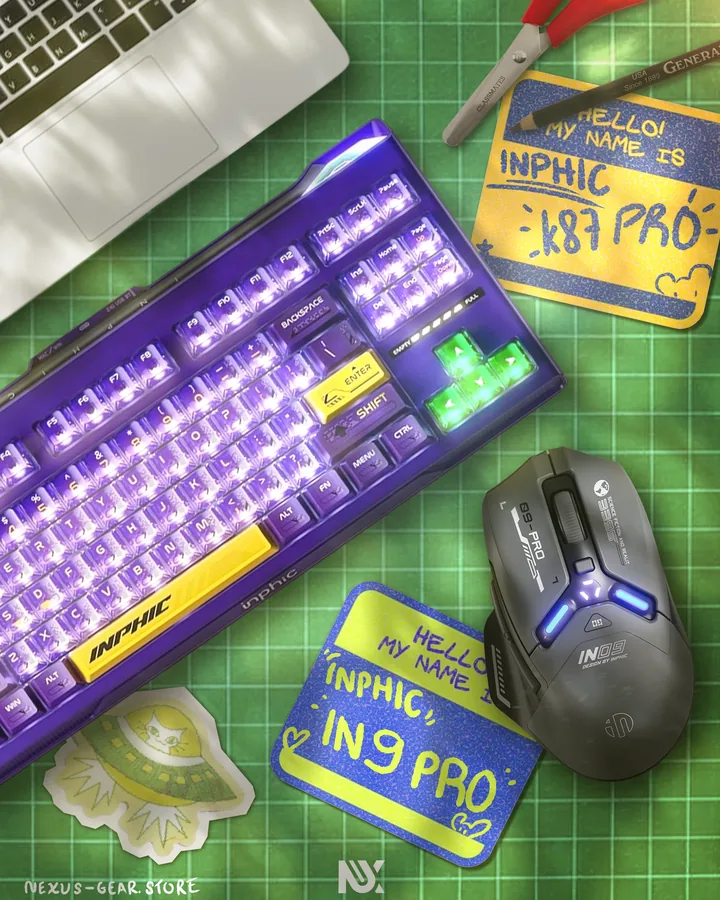 Desk flat-lay poster showing an Inphic keyboard and mouse on a cutting mat